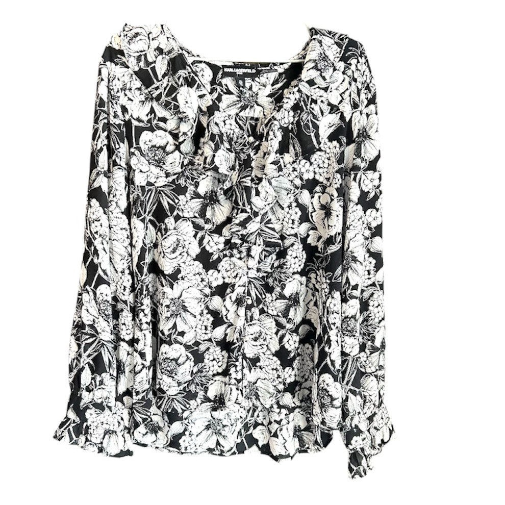 Karl Lagerfeld V-Neck Black And White Floral Blouse With Ruffles